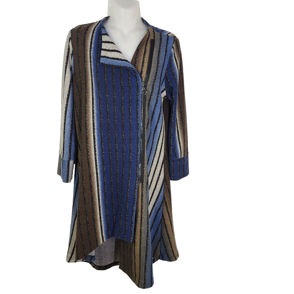 Compli K Jacket Womens Small Striped 3/4 Sleeve Zipper Blue Long Knit Stretch